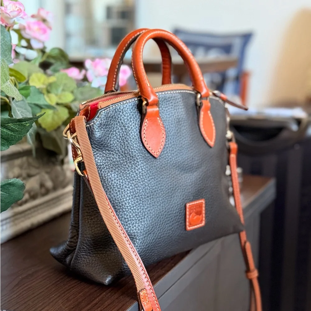 Dooney & Bourke Black Pebble Leather Satchel with Brown Trim